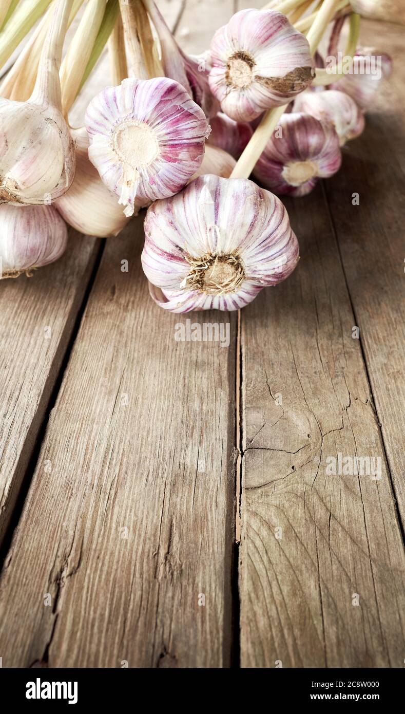 Primo piano immagine di aglio organico fresco su un tavolo di legno, fuoco selettivo, spazio per il testo. Foto Stock