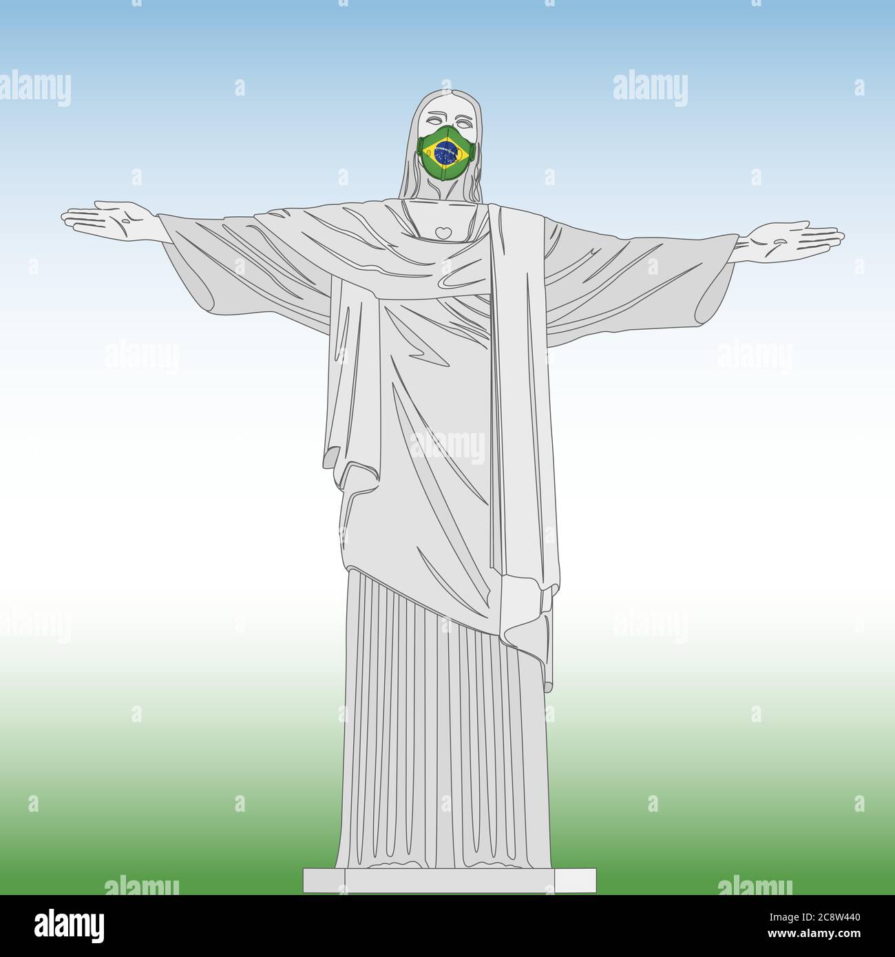 Cristo redentore con maschera anticovid-19, Brasile, illustrazione vettoriale Illustrazione Vettoriale