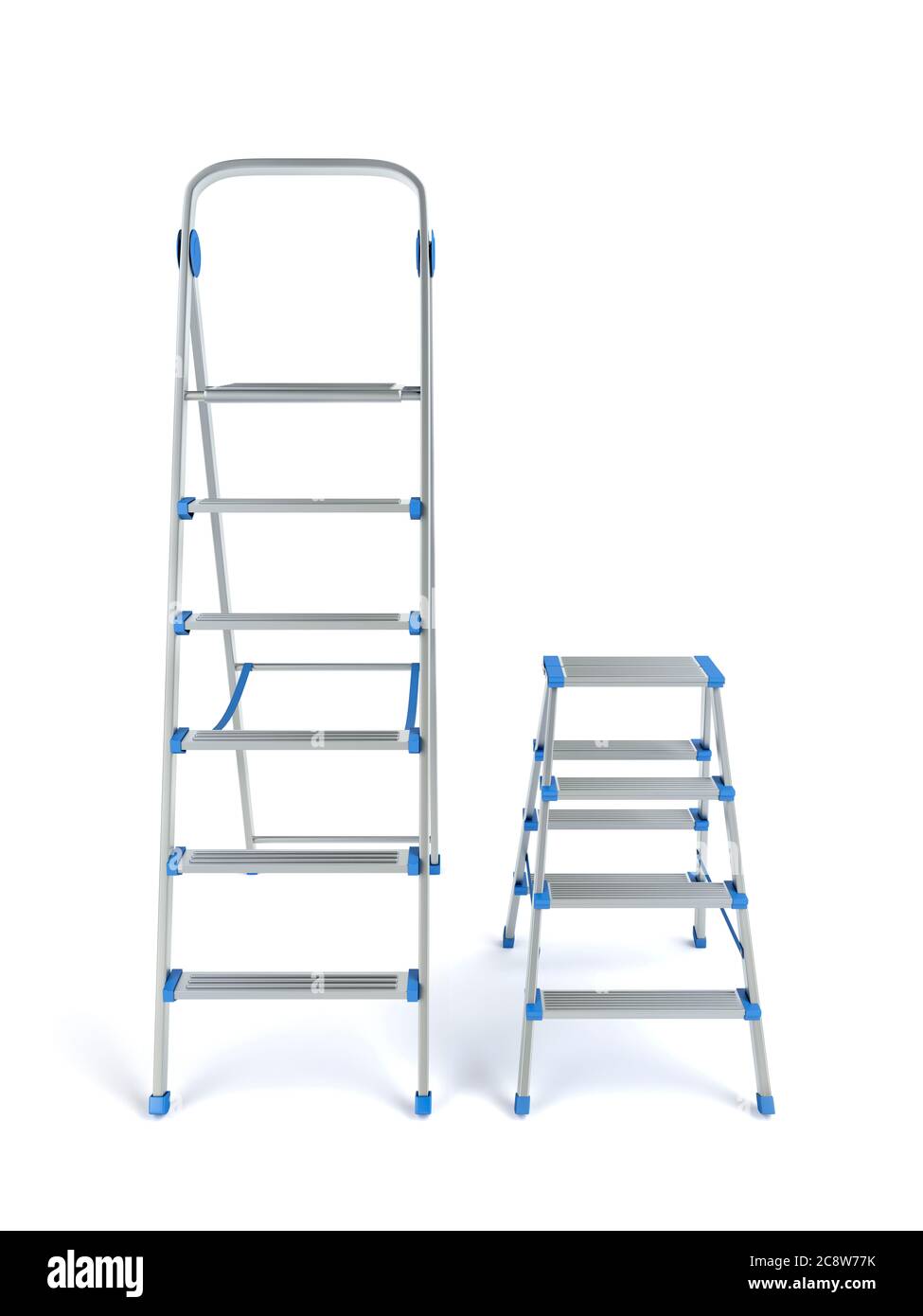 Due scale a cavalletto in alluminio di diverse dimensioni su sfondo bianco Foto Stock