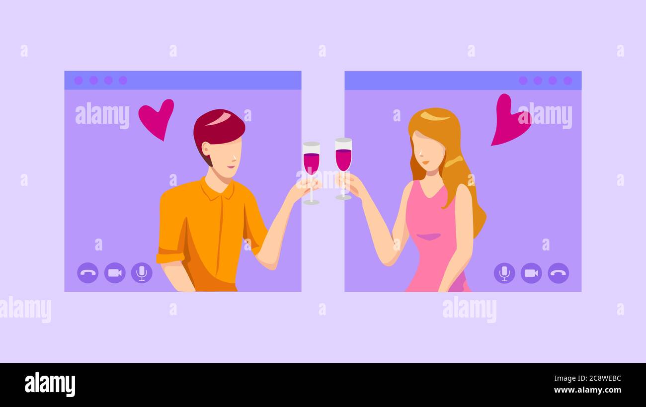Online data e video data concetto, una donna e un uomo in videochiamata. Incontri moderni con applicazione di chat o piattaforma online. Immagine vettoriale Illustrazione Vettoriale