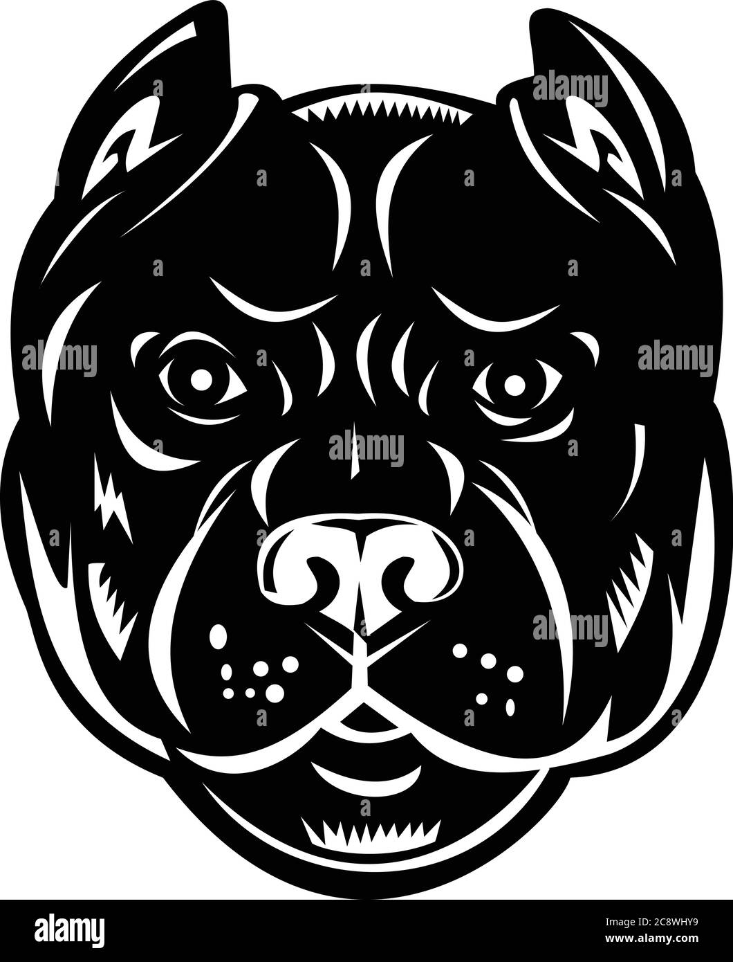 Retrò woodcut illustrazione di stile di una testa di un pozzo toro, un tipo di cane disceso da bulldog e terrori, visto dalla parte anteriore su sfondo isolato Illustrazione Vettoriale