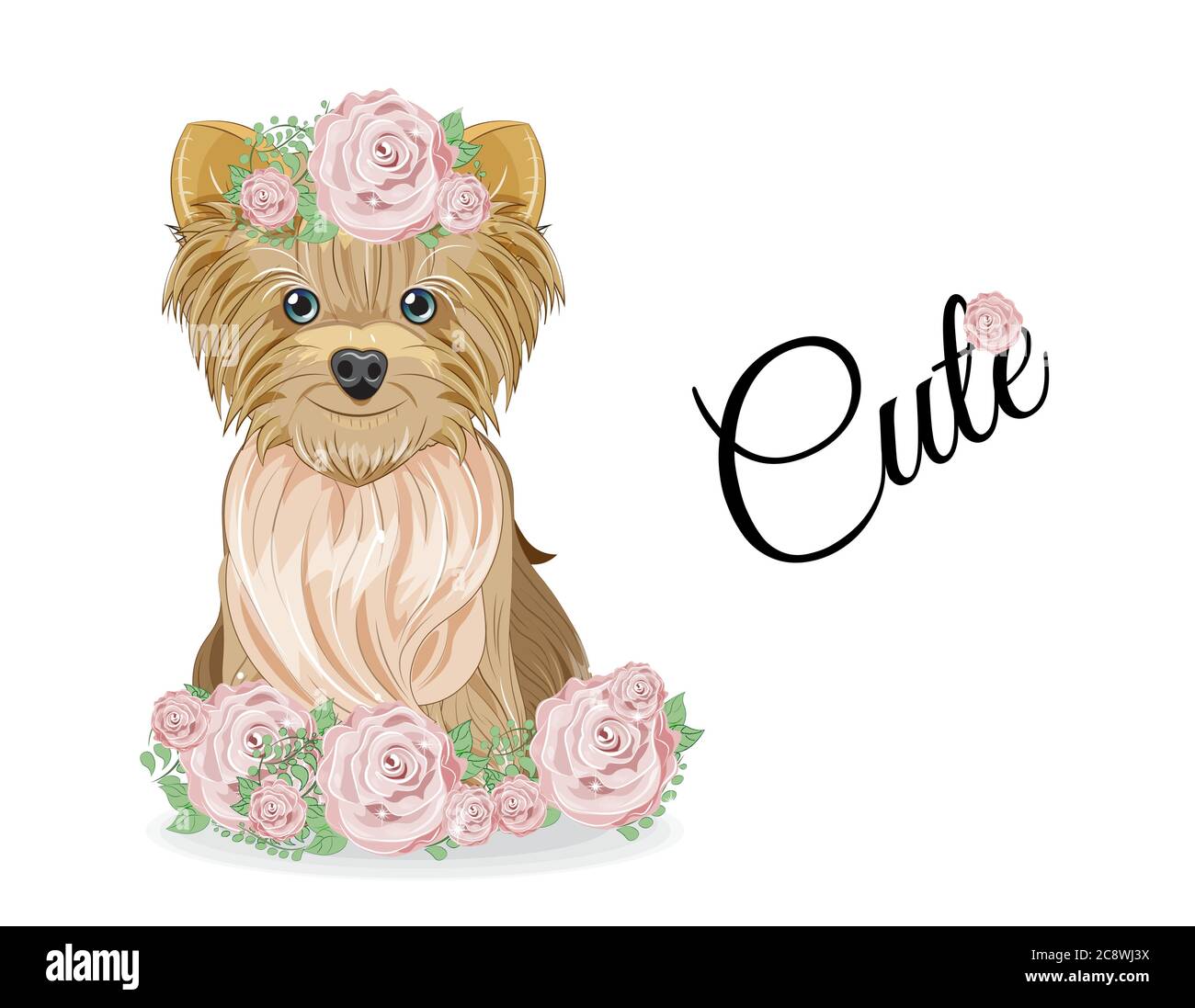 Bel cucciolo vettoriale, cane con arco e in rose fiori. Disegno a mano in stile cartoon, per t-shirt indossare moda stampa design, biglietto d'auguri, p Illustrazione Vettoriale
