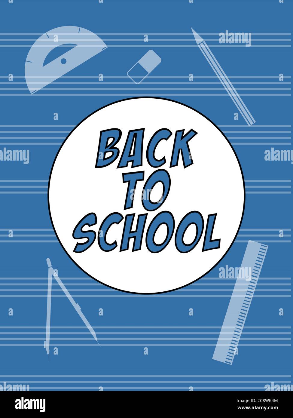 Torna a Scuola testo decorativo in un bordo circolare bianco su sfondo blu con astratto matita Eraser Ruler Protcher e Bussola Illustrazione Vettoriale
