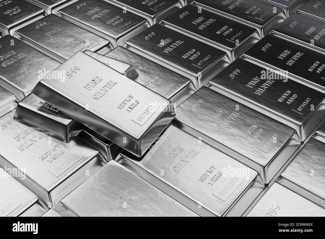 Vista ravvicinata delle barre d'argento o dei lingotti sullo sfondo della banca del vault. Illustrazione di Metal.3D prezioso. Foto Stock