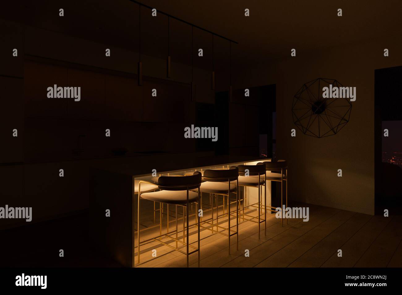 Design degli interni della cucina con illustrazione 3D e illuminazione a LED a isola Foto Stock