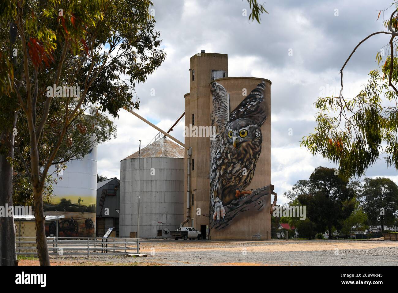 Silo Art Trail. Goorambat Australia. Il lavoro di Jimmy DVATE di un gufo su uno dei sili di grano della città attira turisti nella regione nord-orientale di Victoria. Foto Stock