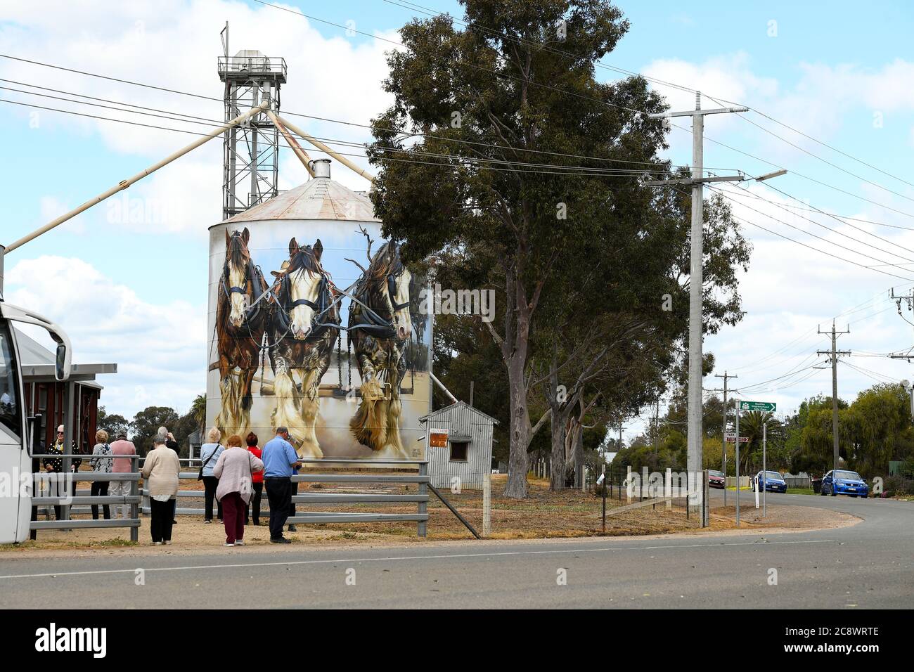 Silo Art Trail. Goorambat Australia. Il lavoro di Jimmy DVATE sui cavalli Shire nel silo di grano della città è molto popolare tra i turisti. Foto Stock
