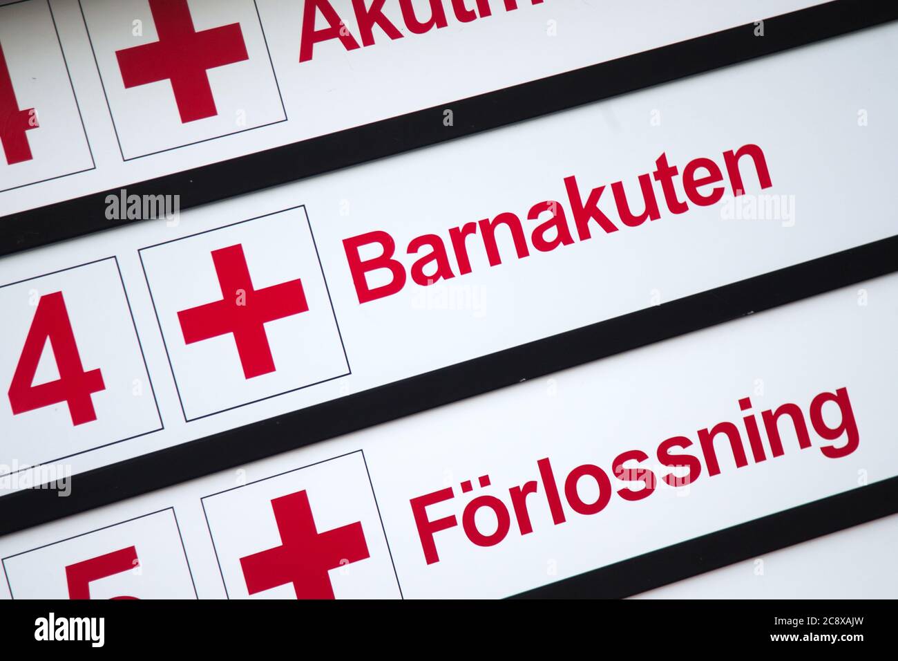 Cartelli ospedalieri presso l'Ospedale Universitario di Linköping. Foto Gippe Gustafsson Foto Stock