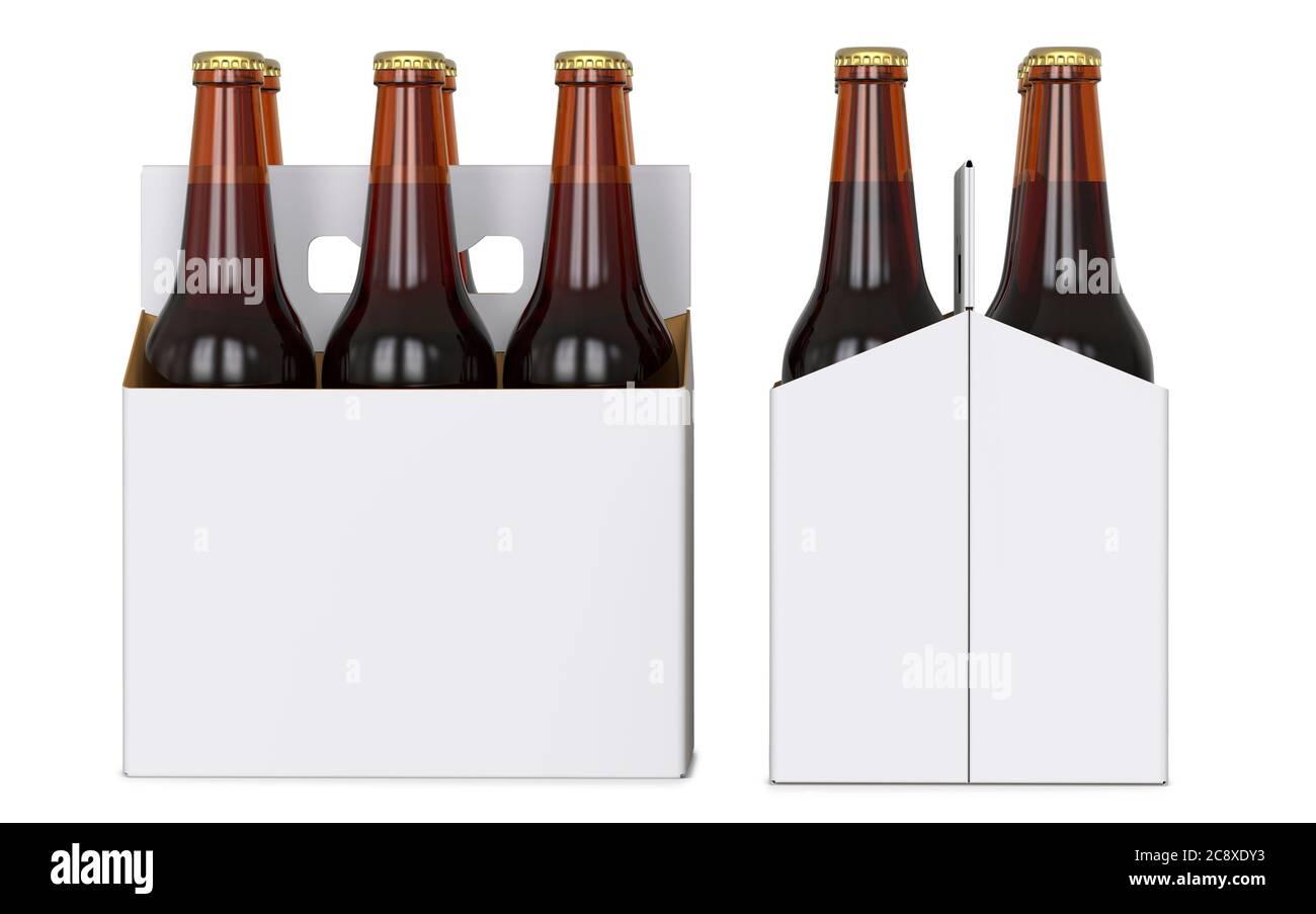 Sei bottiglie di birra marrone in confezione corton bianca. Vista laterale e vista frontale. Rendering 3D, isolato su sfondo bianco Foto Stock