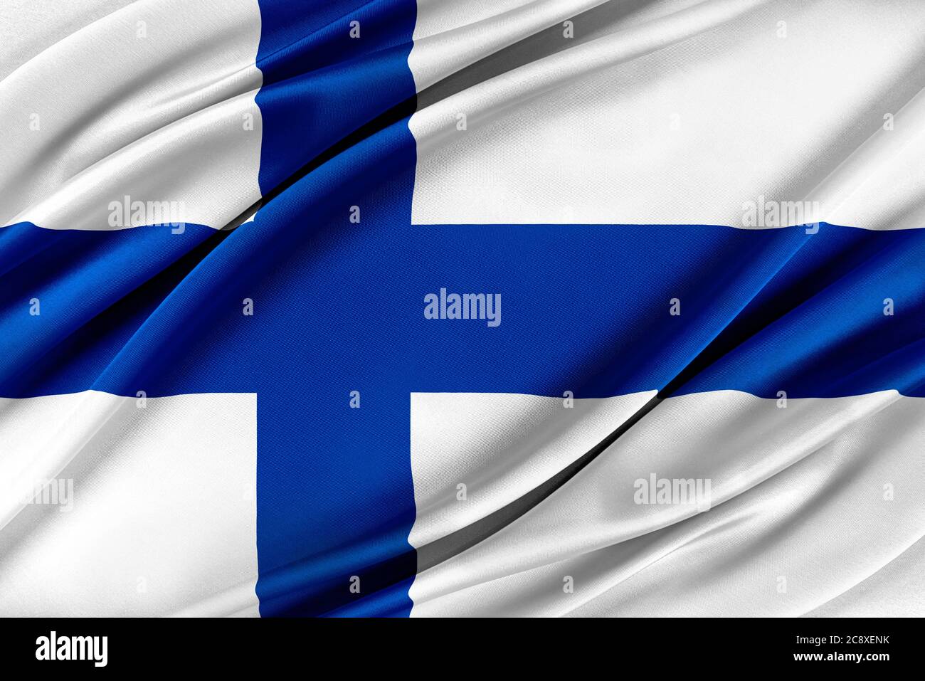 Bandiera colorata della Finlandia che sventola nel vento. Foto Stock