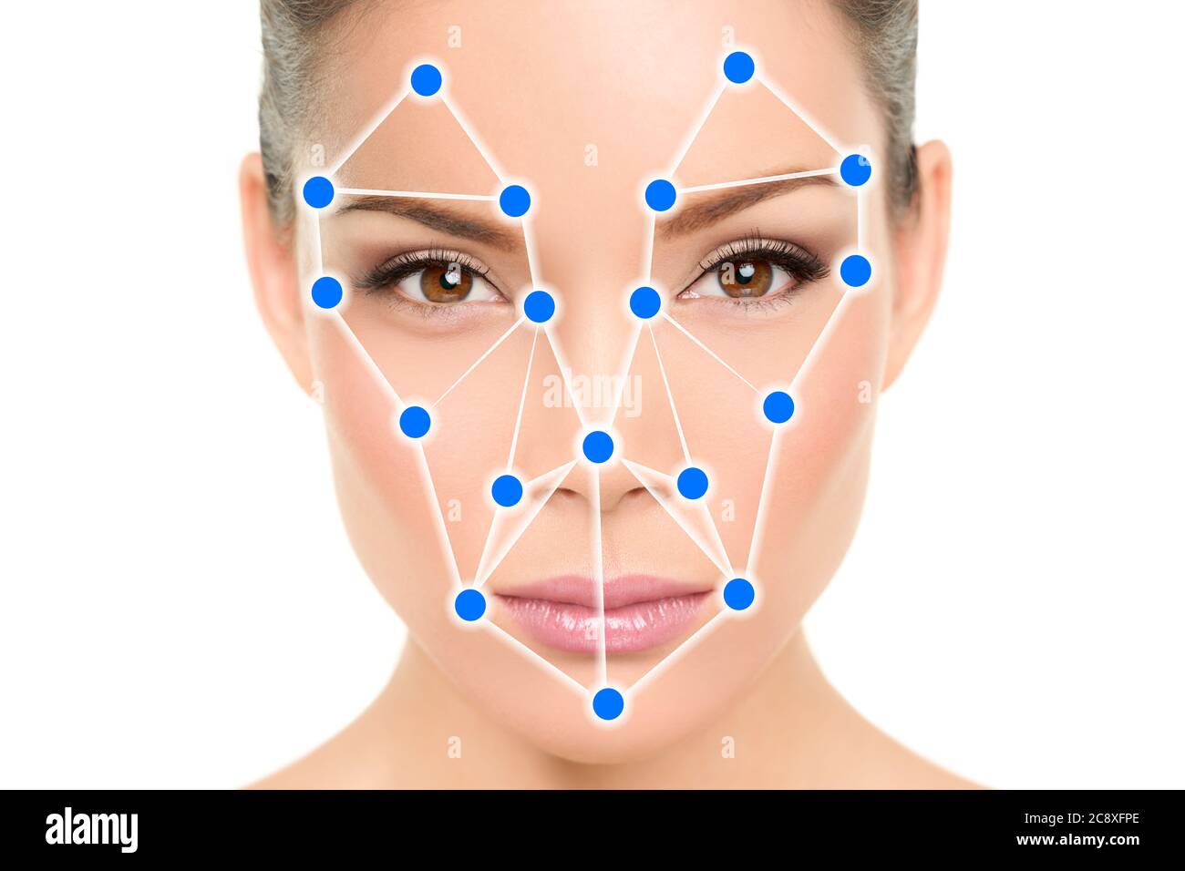 Software biometrico per il riconoscimento facciale, tecnologia app per il concetto di identificazione della verifica dell'identità del viso. Donna asiatica ritratto wilth blu puntini mesh Foto Stock