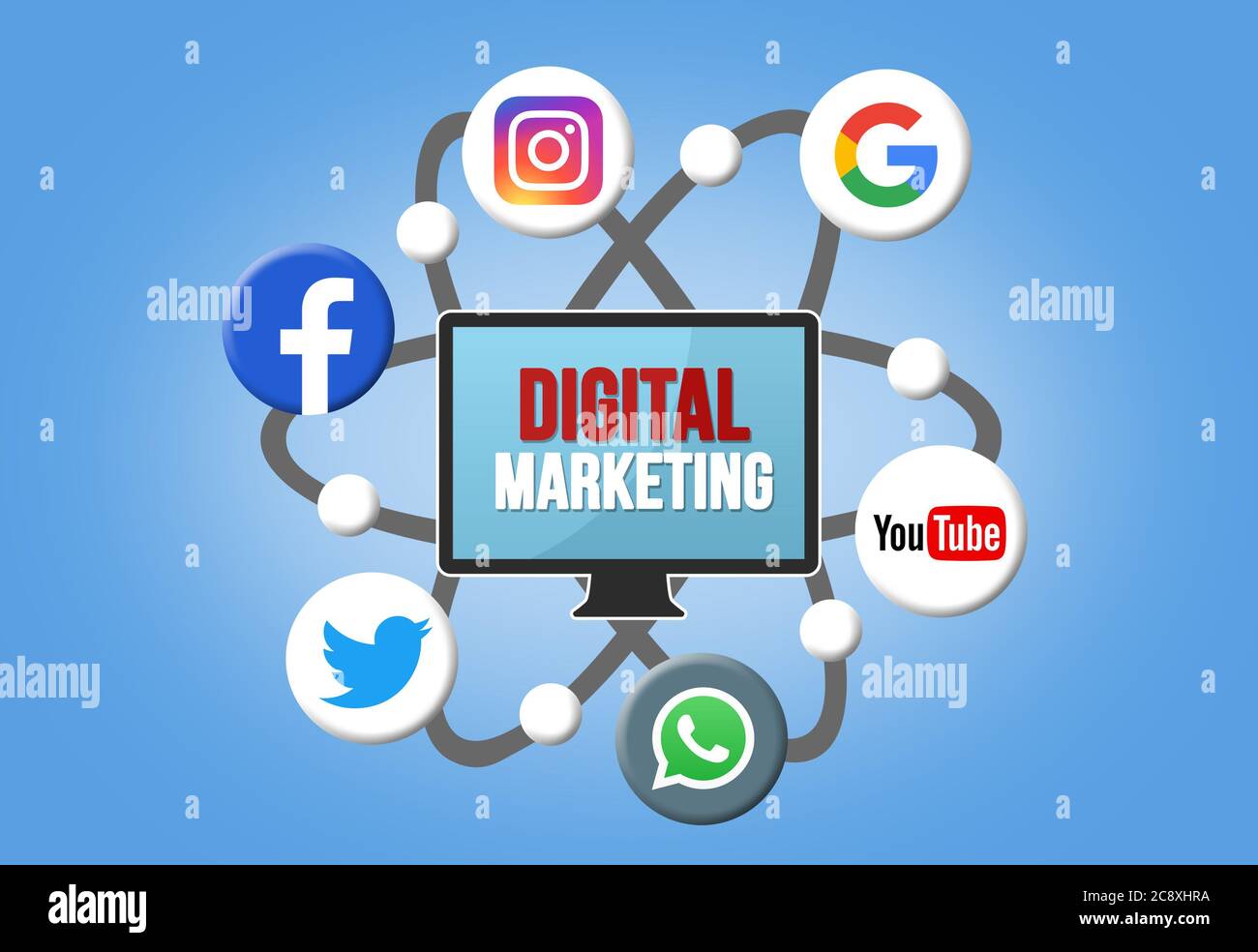 Il marketing digitale - Instagram Facebook Twitter Google Whatsapp Youtube Foto Stock