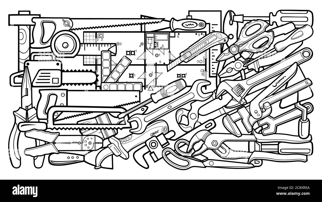 Illustrazione degli strumenti di riparazione dei doodles dei cartoni animati Illustrazione Vettoriale