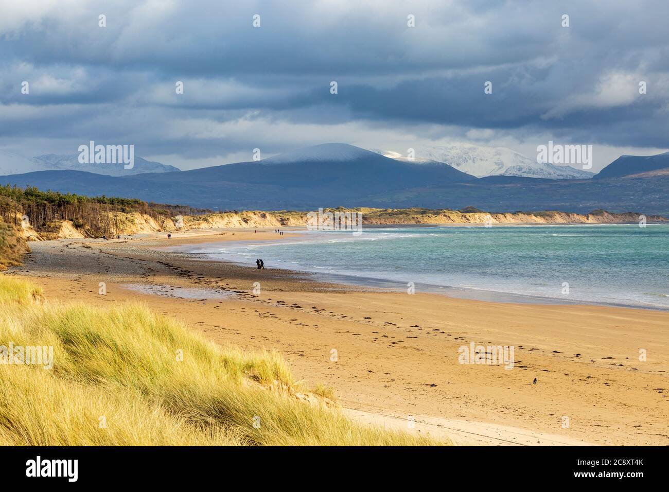 Newborough spiaggia e dune di sabbia con un Monte Snowdon innevato sullo sfondo, Anglesey, Galles Foto Stock