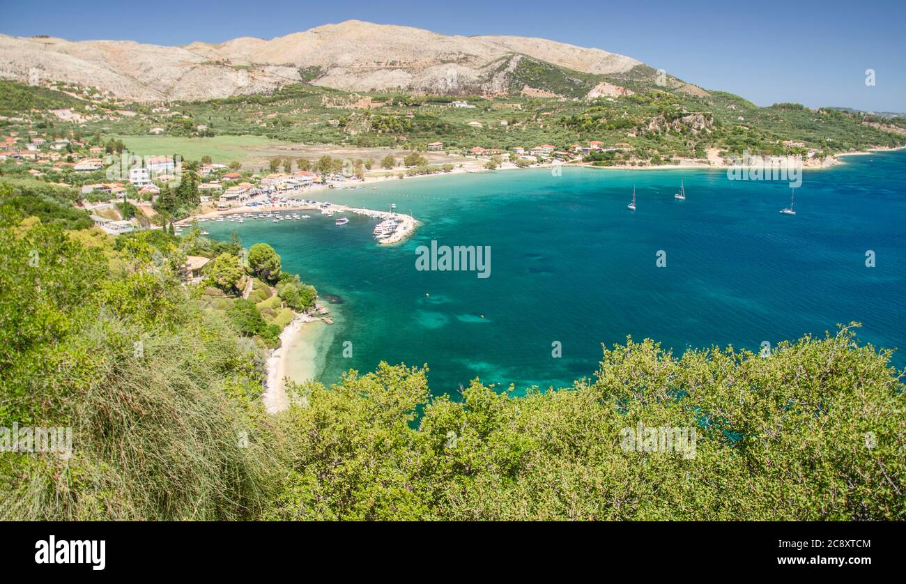 Vista panoramica sulla spiaggia di sabbia di Keri sulla costa sud-occidentale dell'isola di Zante, Grecia Foto Stock