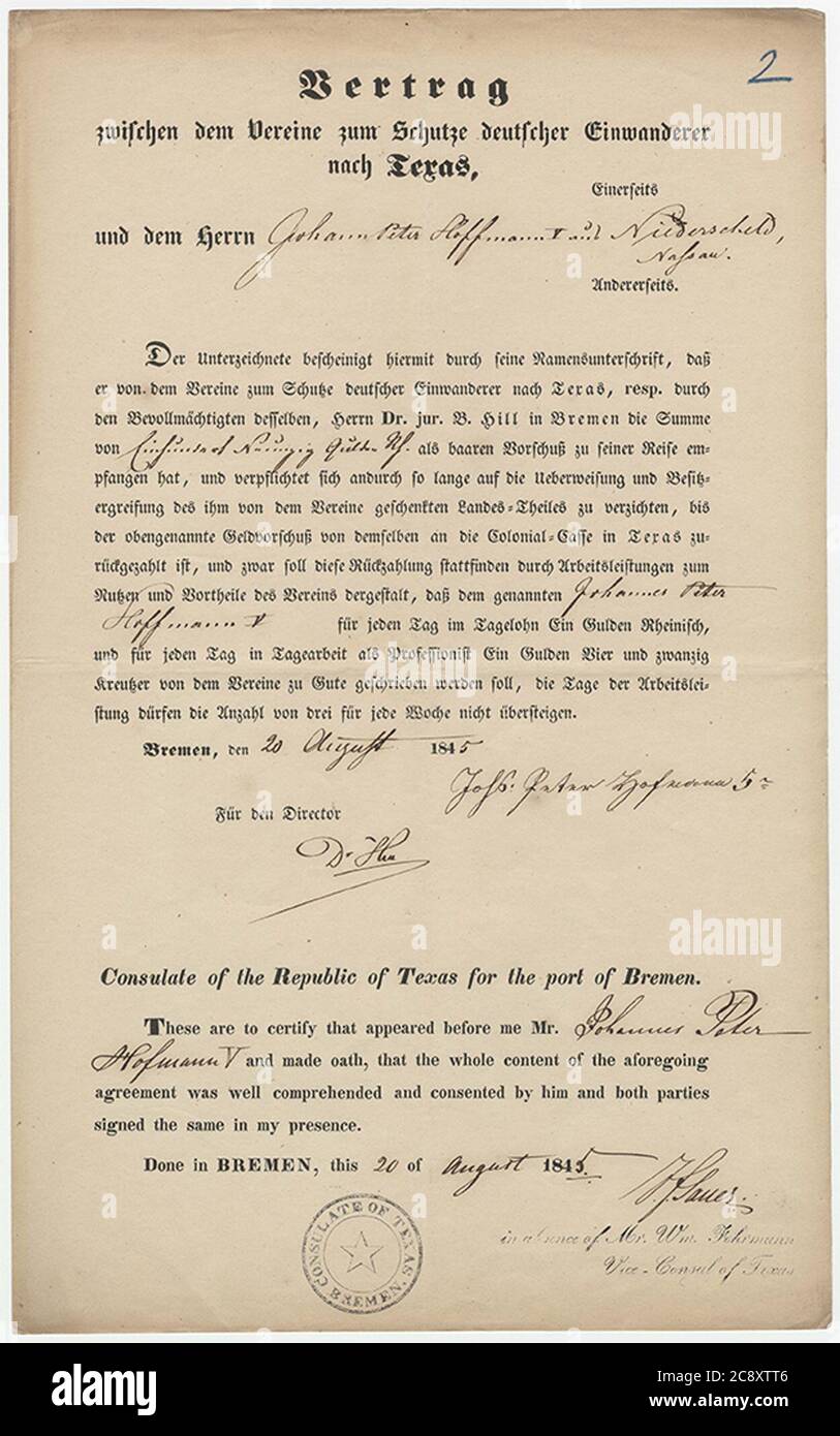 Vertrag zwischen dem Vereine zum Schutze deutscher Einwanderer nach Texas und dem Herrn Johann Peter Hoffmann V... . Foto Stock