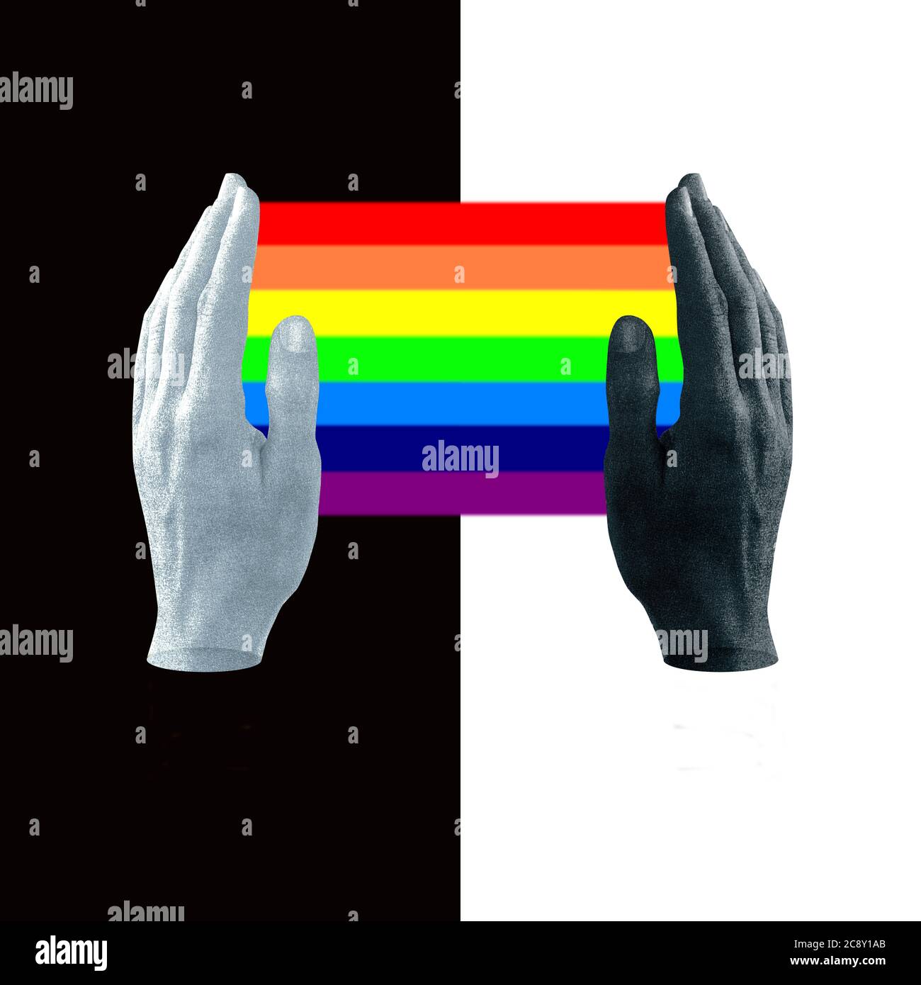 Collage fotografico surreale di mani opposte che crea un arcobaleno colorato Foto Stock