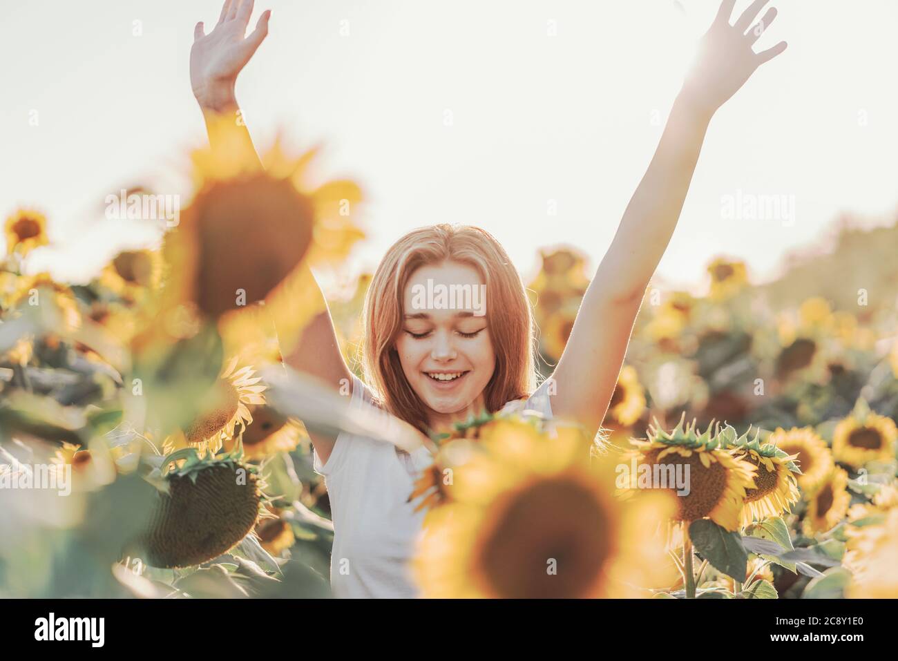 Giovane bella donna sorridente e divertente in un campo di girasole in una bella giornata estiva con le braccia sollevate. Foto Stock
