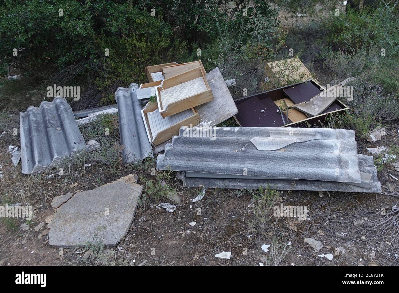 Amianto cemento corrugato tetti fogli e mobili rotti gettati nel legno. Smaltimento improprio di materiale tossico vietato ai rifiuti illegali dum Foto Stock