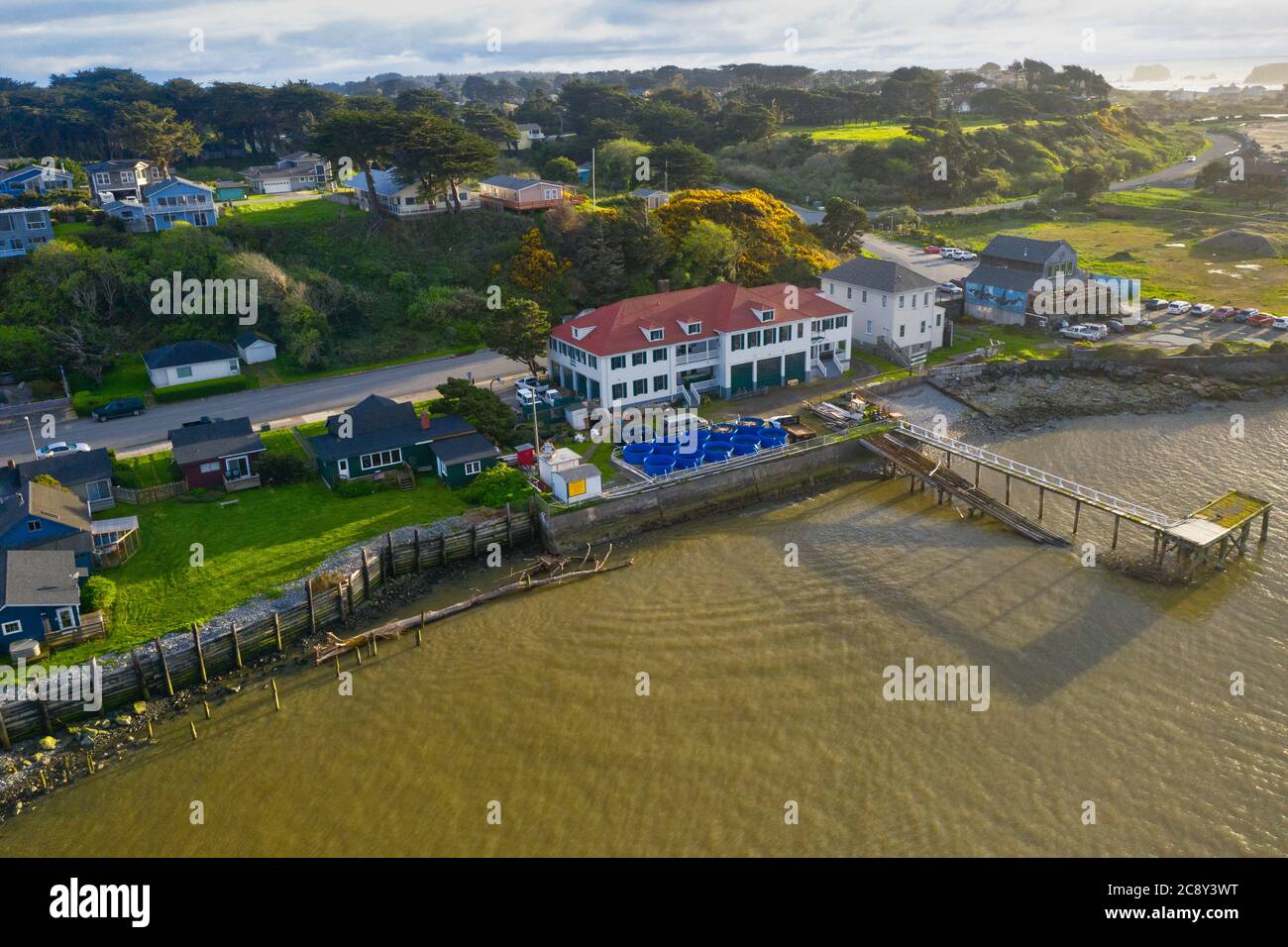 Vecchia stazione della guardia costiera a Bandon, Oregon, vista aerea Foto Stock