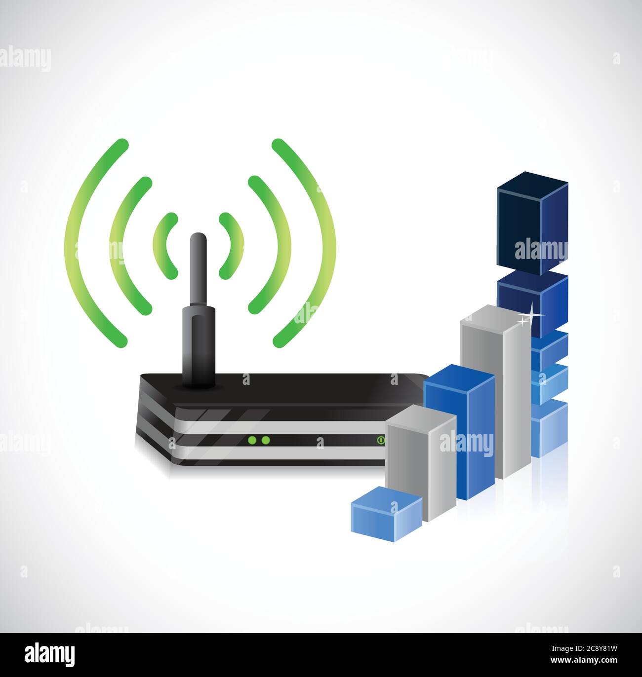 Design grafico di router e business su sfondo bianco Illustrazione Vettoriale