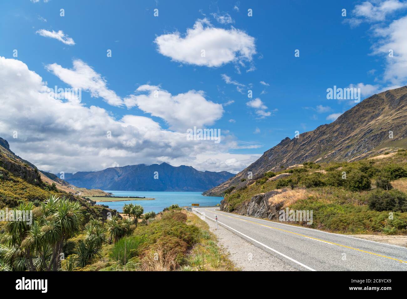 Makarora-Lake Hawea Road che si affaccia sul Lago Hawea, i Laghi del Sud, Otago, Nuova Zelanda Foto Stock