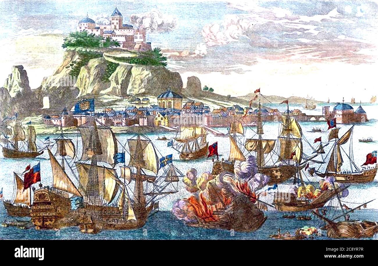 GIBILTERRA Stampa contemporanea che mostra le forze anglo-olandesi che catturano la città e la roccia nel 1704 durante la guerra di successione spagnola. Foto Stock