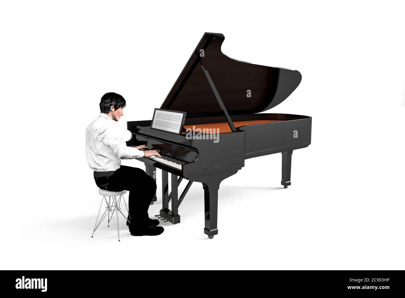 Pianista seduto e suonando il pianoforte - giovane che suona il pianoforte  - isolato su sfondo bianco - illustrazione 3d Foto stock - Alamy