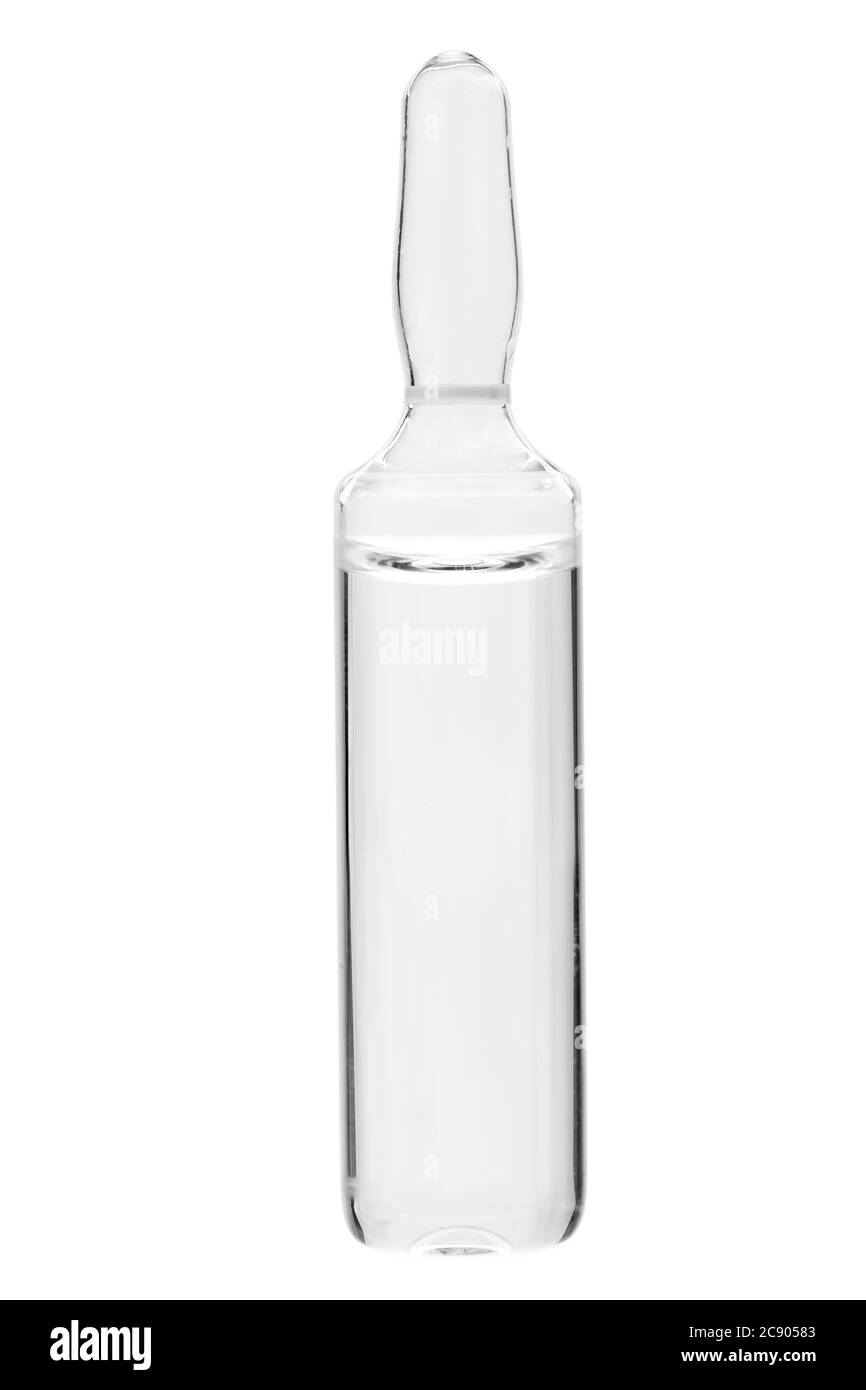 Fiala di vetro per vaccinazione isolata su fondo bianco, nessuno. Foto Stock