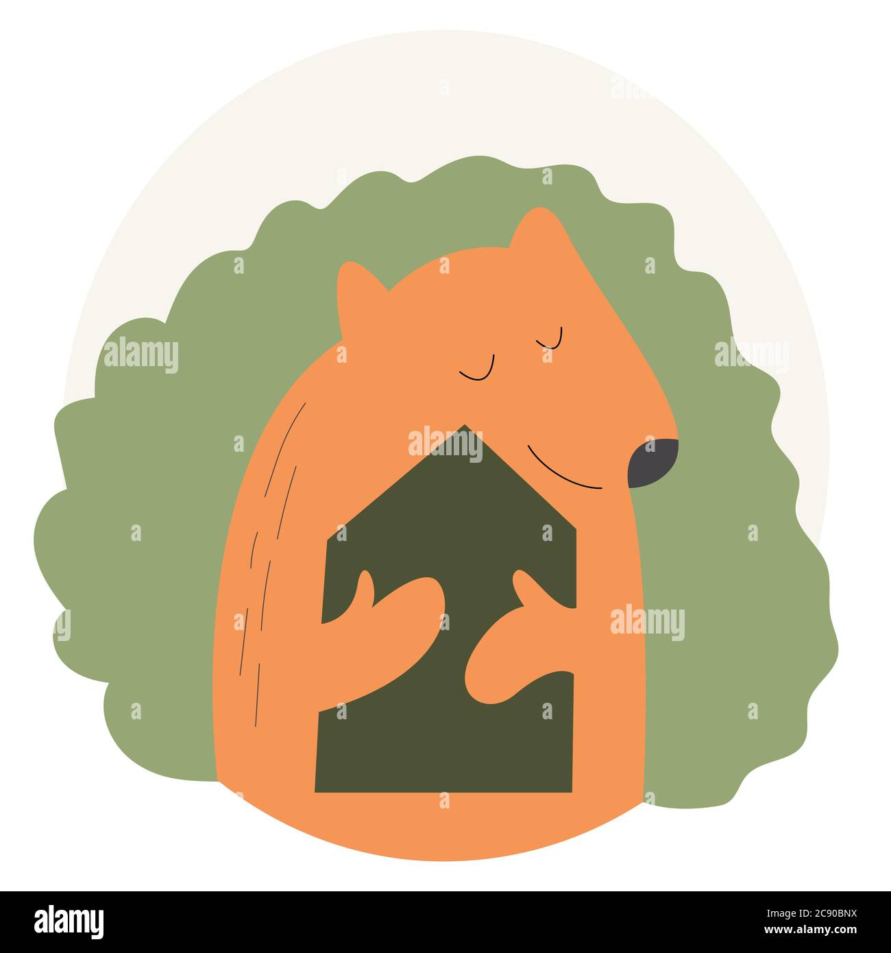 L'orso abbraccia la casa forestale. Concetto vettoriale sulla protezione della natura Illustrazione Vettoriale