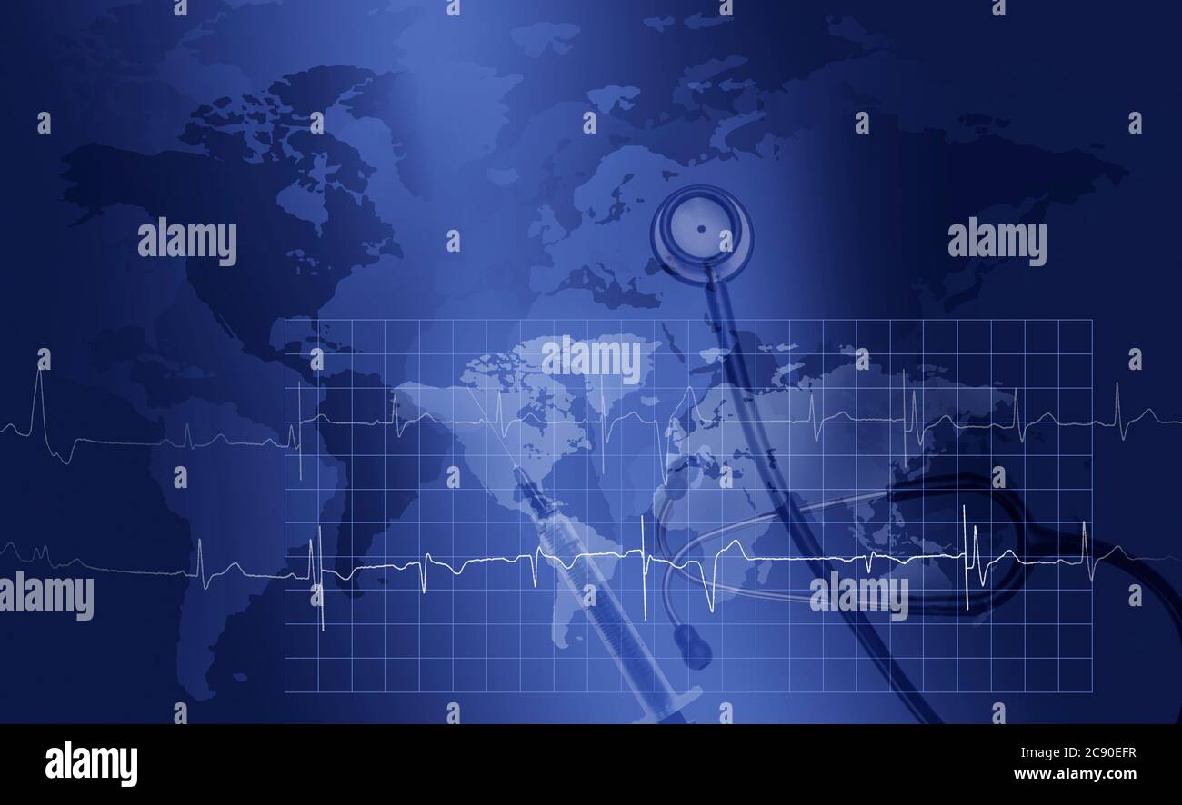 Mappa mondiale con stetoscopio, ago e grafico ecg Foto Stock