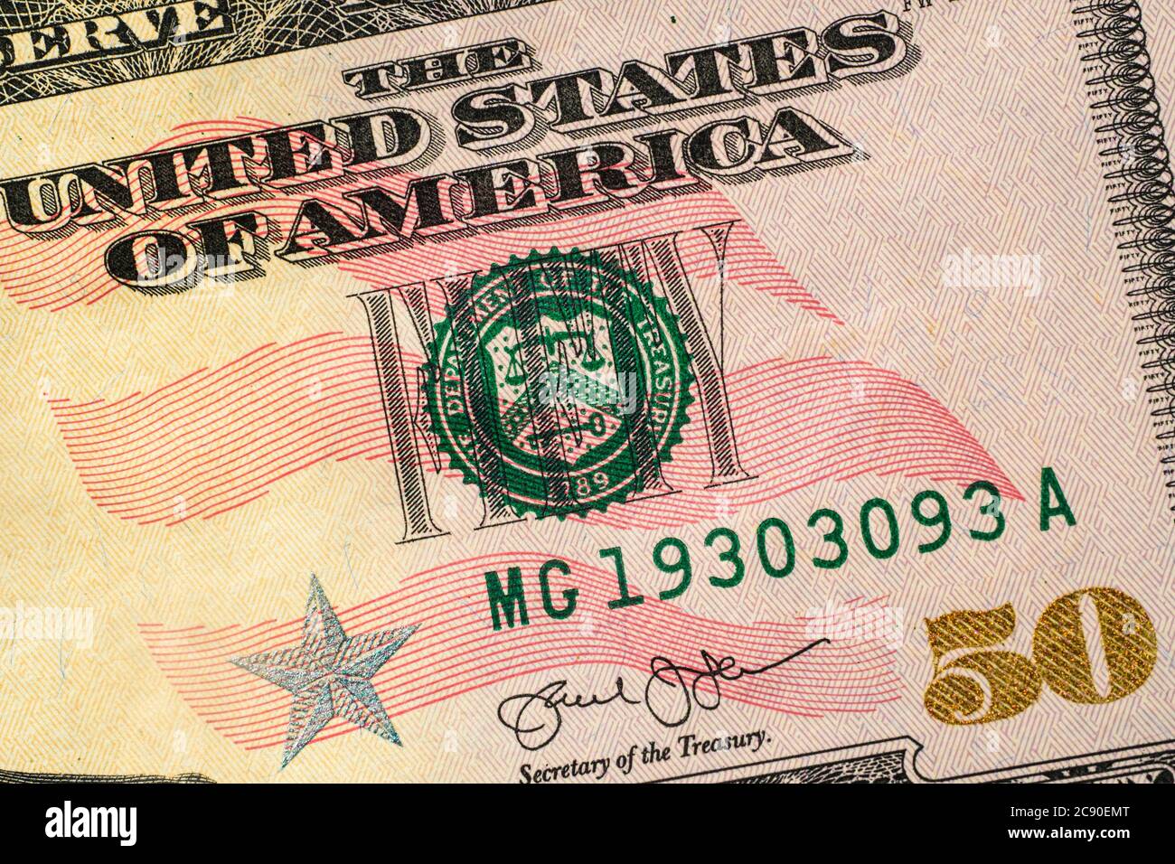 Primo piano di un conto di cinquanta dollari USA Foto Stock