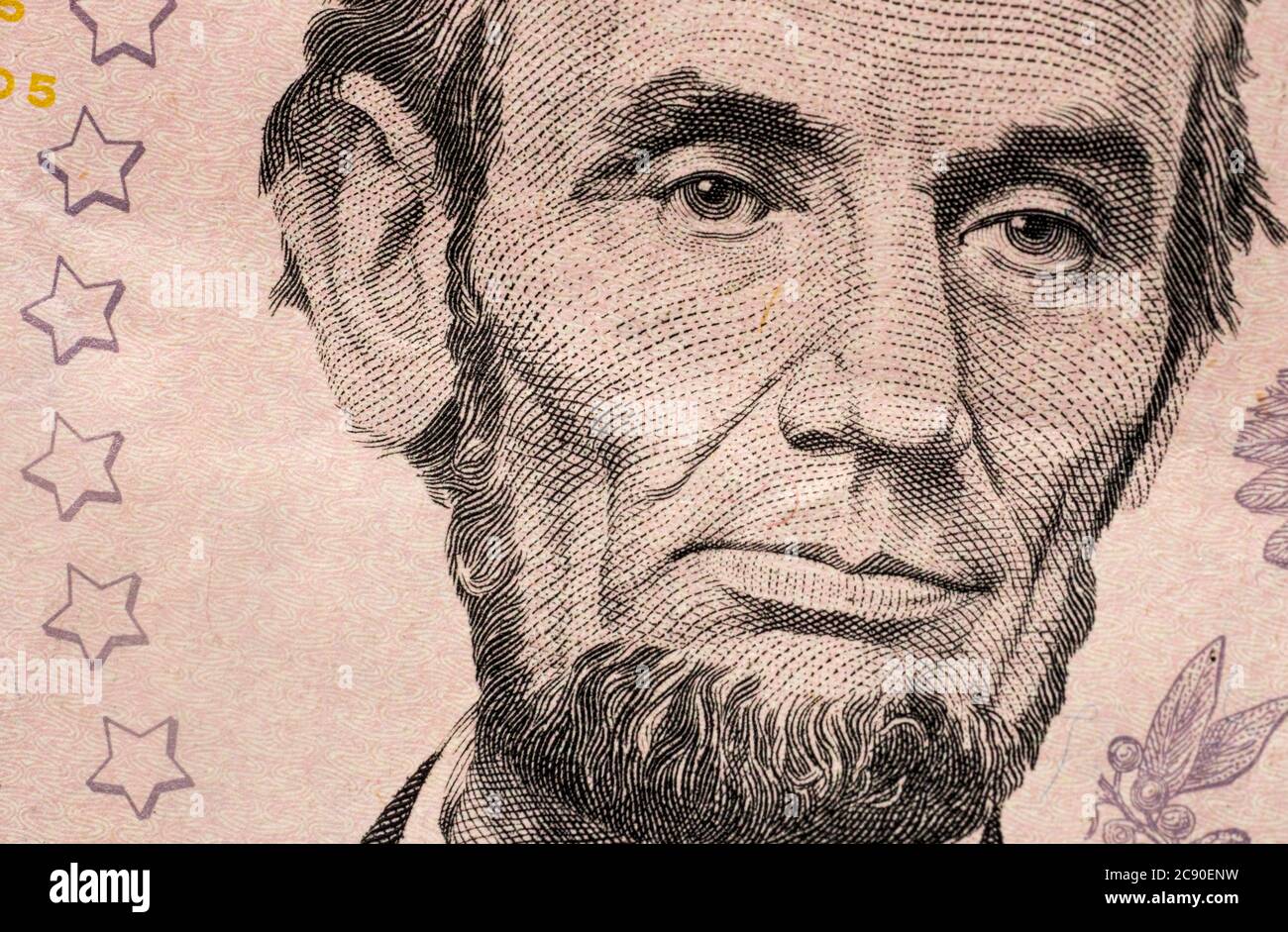 Primo piano di un conto di cinque dollari USA Foto Stock