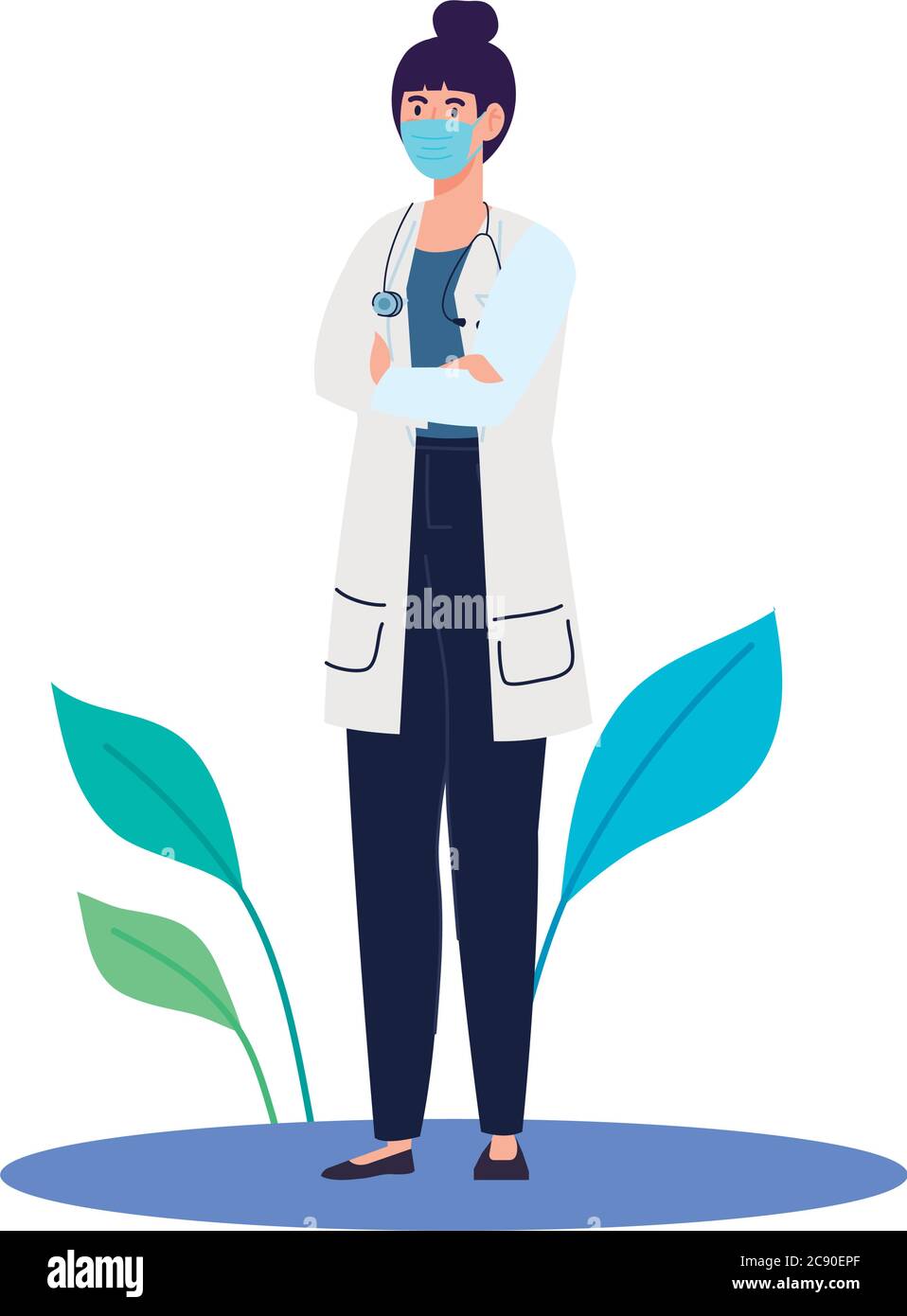 donna medico indossando maschera medica all'aperto, durante il coronavirus covid 19 Illustrazione Vettoriale