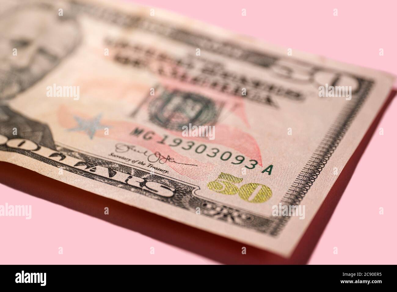 Primo piano di un conto di cinquanta dollari USA Foto Stock
