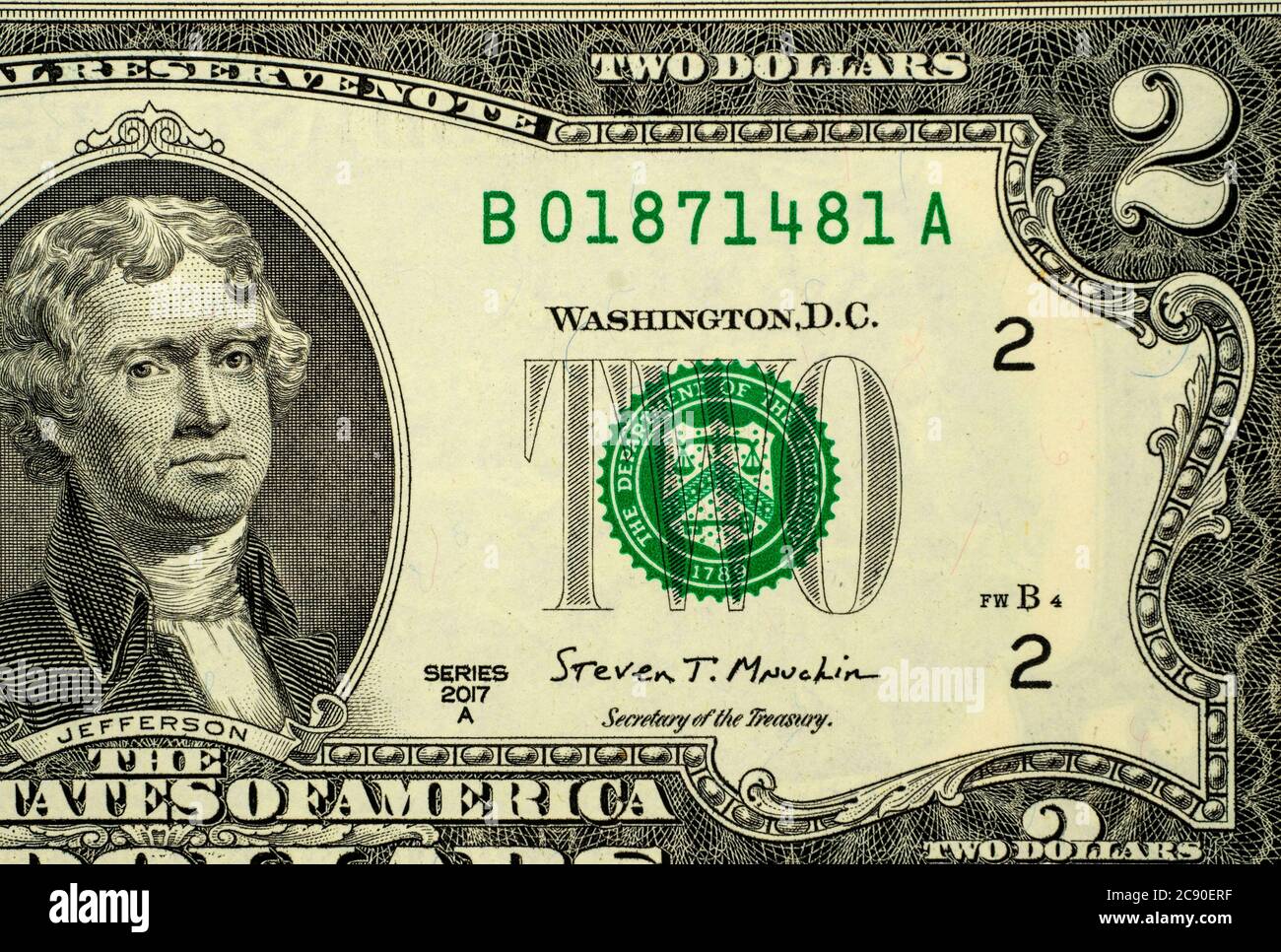 Primo piano del conto di due dollari USA Foto Stock