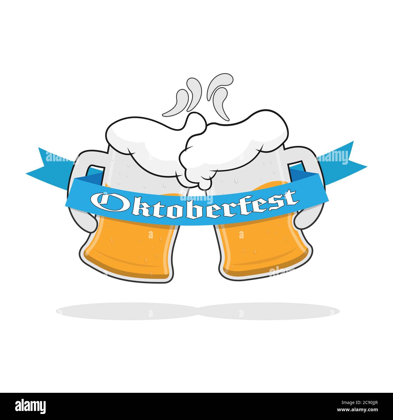 Due tazze di birra con schiuma e un nastro con le parole Oktoberfest. Illustrazione vettoriale. Design piatto. Illustrazione Vettoriale