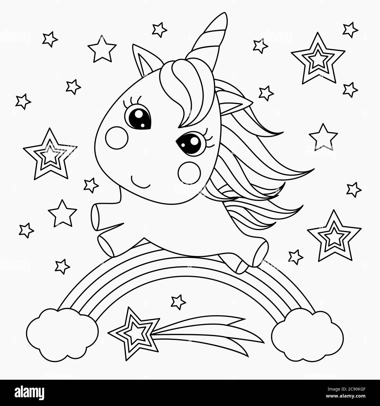 Unicorno piccolo su un arcobaleno. Animale fantastico. Design per bambini. Illustrazioni in bianco e nero per colorare, stampare, poster. Immagine vettoriale Illustrazione Vettoriale