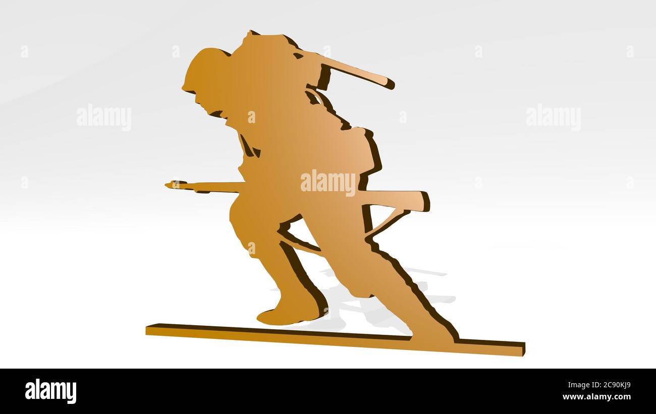 soldato con stativo a pistola con ombra. Illustrazione 3D di scultura metallica su sfondo bianco con texture mite. Esercito e militare Foto Stock