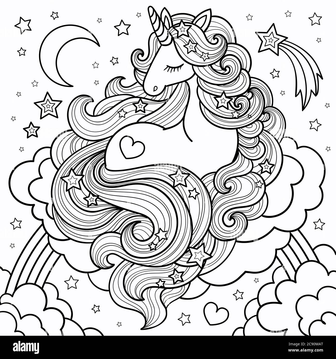 Un bel unicorno con una lunga mania che giace sulle nuvole e sull'arcobaleno. Disegno lineare, in bianco e nero. Per colorare libri, tatuaggi, cartoline, stampe, Illustrazione Vettoriale