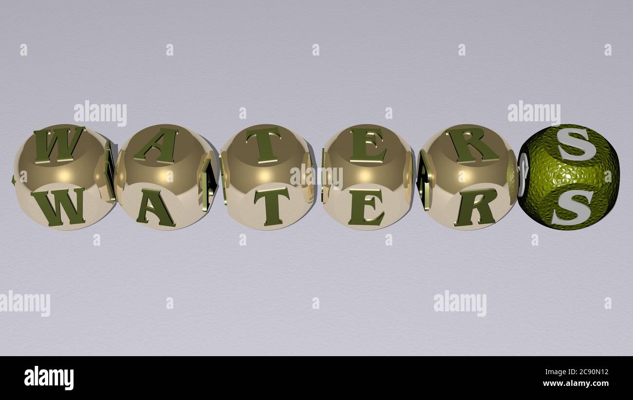 ACQUE combinate da lettere di dadi e traversate di colore per i significati relativi del concetto. Blu e spiaggia. Illustrazione 3D Foto Stock