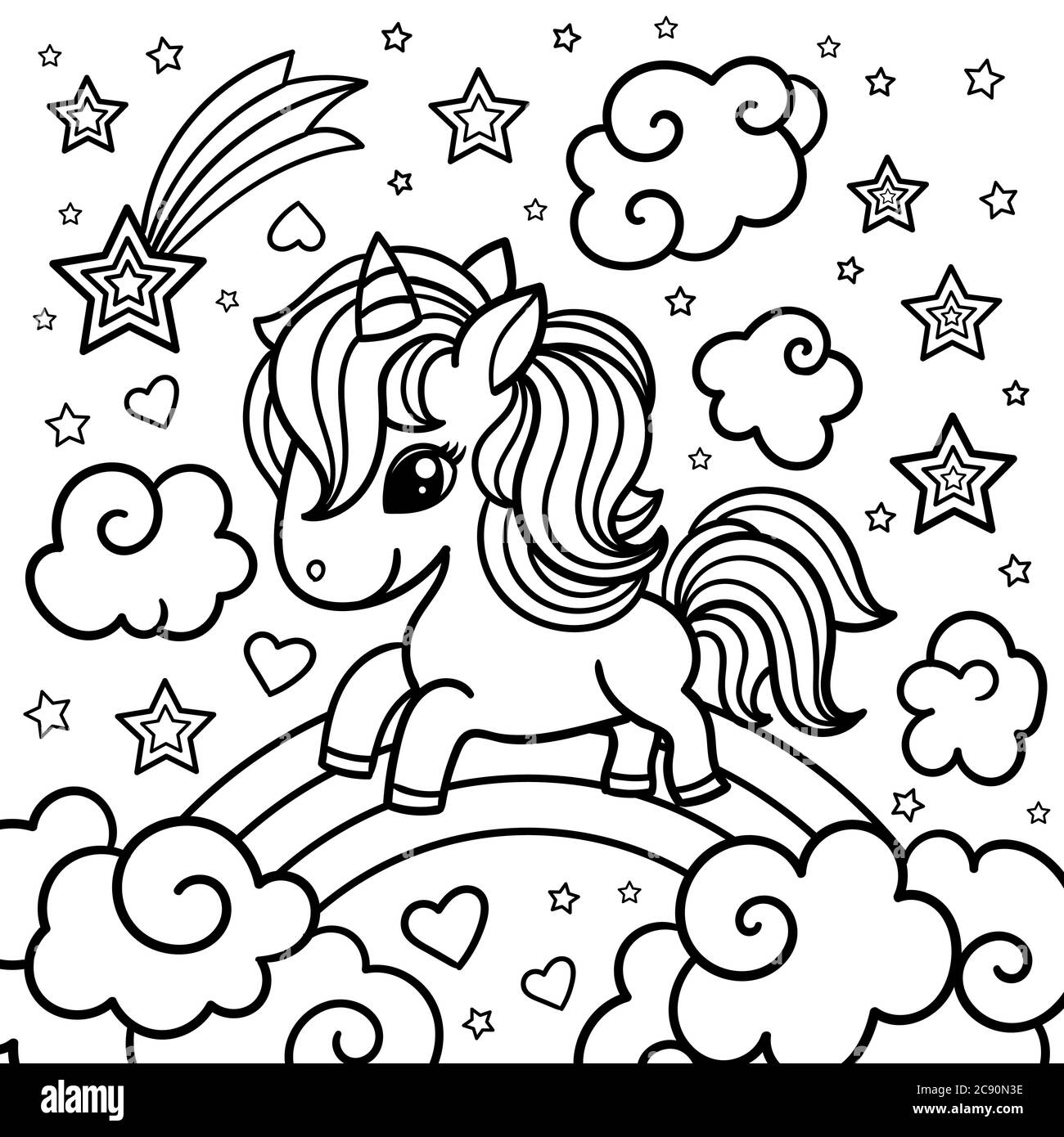 Simpatico unicorno fantasy su un arcobaleno tra le nuvole. Bianco e nero. Per stampe di design, poster, libri da colorare, tatuaggio e così via. Vettore Illustrazione Vettoriale