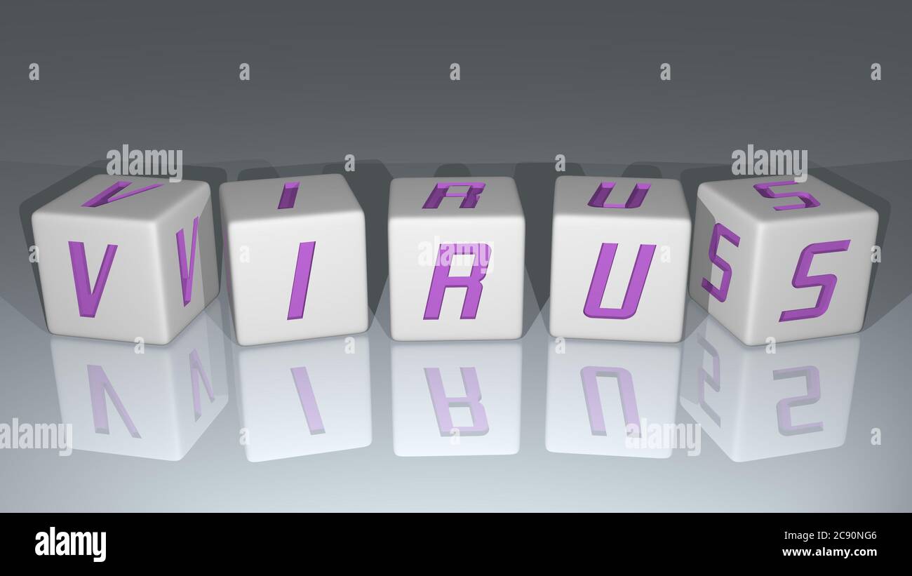 Virus alfabetico disposto da lettere cubiche su un pavimento di specchio, significato di concetto e presentazione in prospettiva 3D. Illustrazione e sfondo Foto Stock