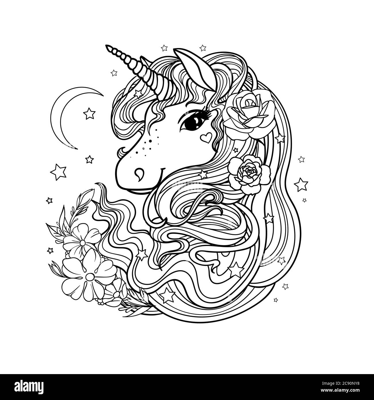 Unicorno e fiori, illustrazione in bianco-nero disegnata a mano. Animale fentesiano. Per la progettazione di tatuaggi, stampe, poster, cartoncini, adesivi. Libro da colorare Illustrazione Vettoriale