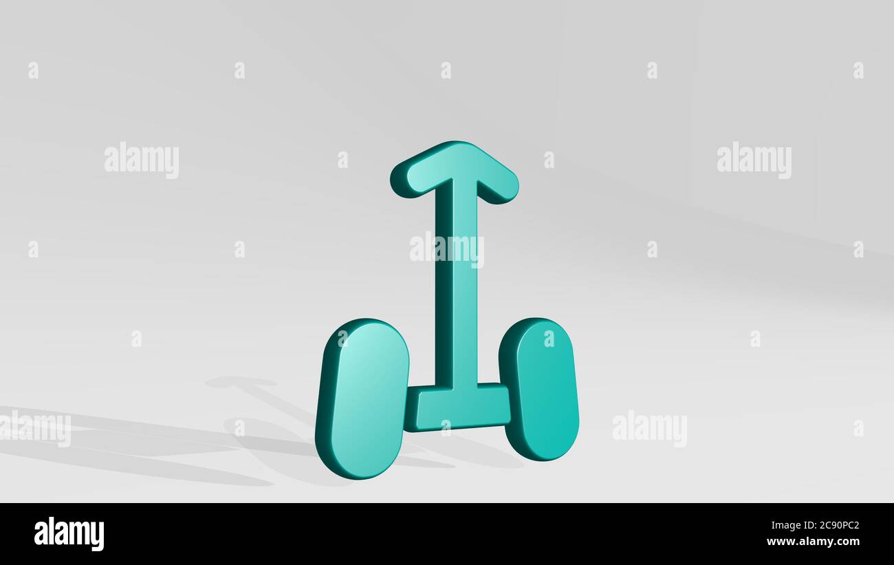 Stand SEGWAY con ombra. Illustrazione 3D di sculture metalliche su sfondo bianco con texture mite, città ed elettrico Foto Stock