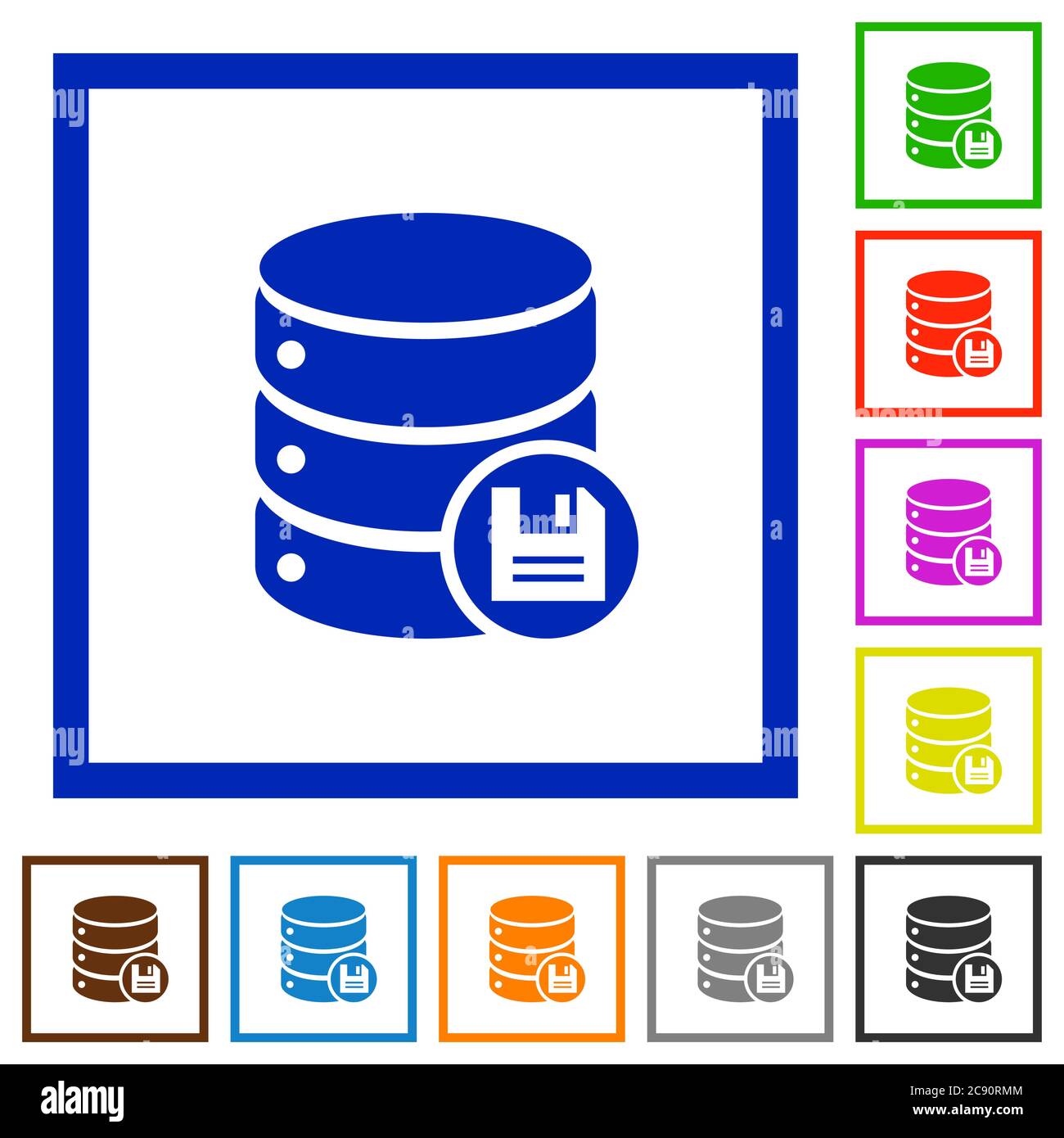 Le icone a colori piatte del database vengono salvate in riquadri quadrati Illustrazione Vettoriale