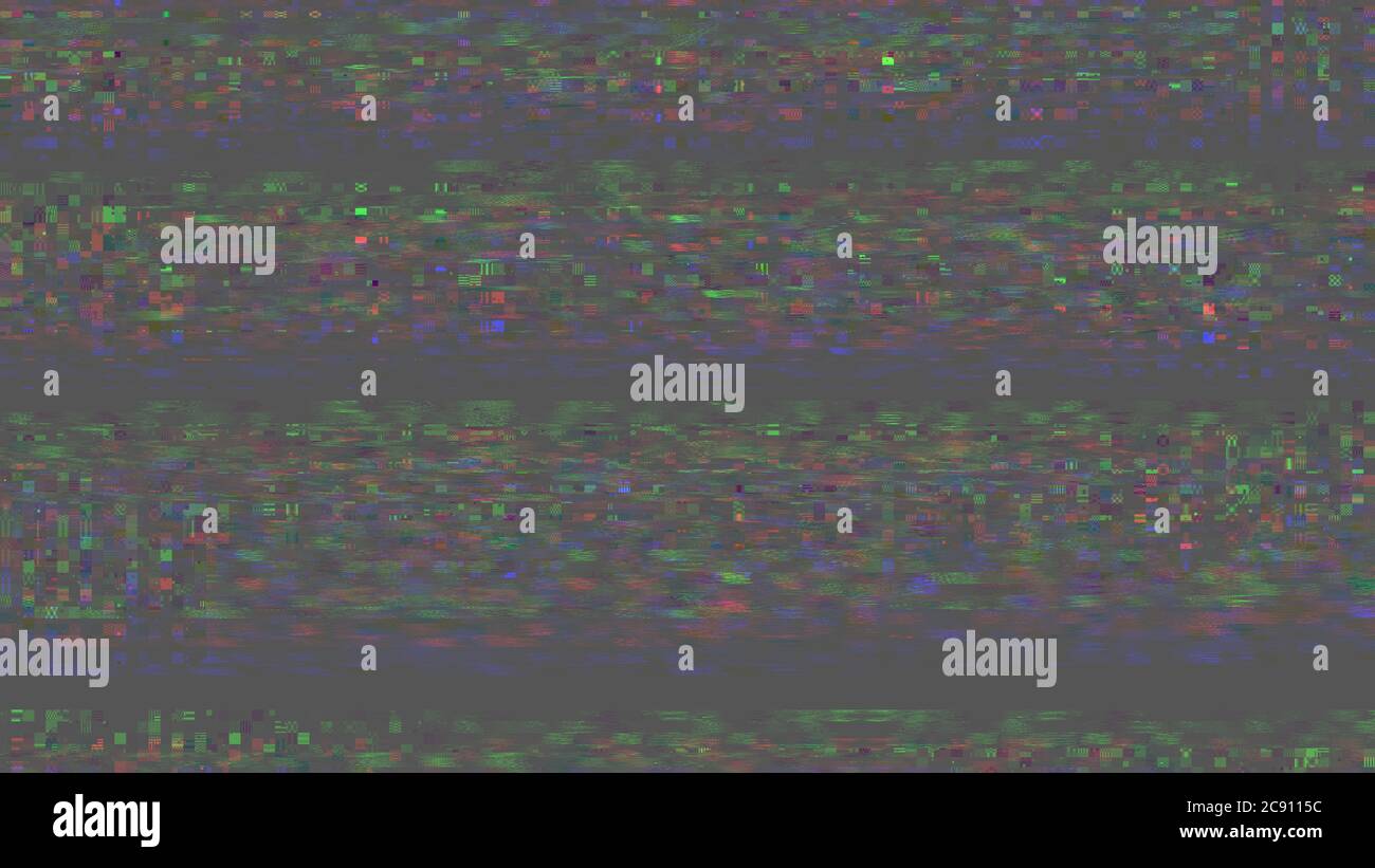 Distorsione dell'immagine video rotta su sfondo nero, effetto VHS, disturbo pixel a colori digitali glitch. Stock pixel astratti sfondo glitch texture Foto Stock