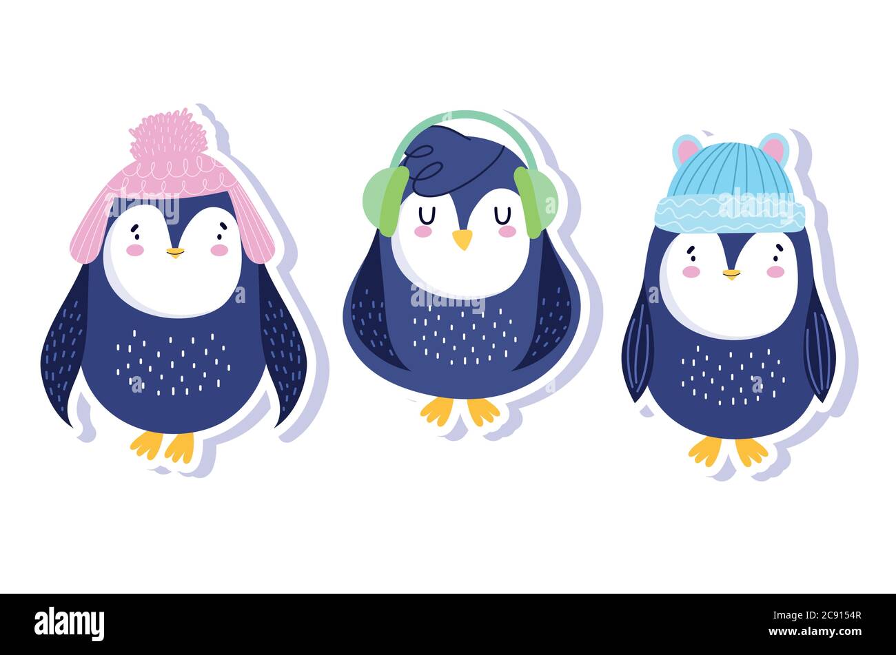 pinguini con cappelli invernali e cuffie auricolari antartico uccello animale cartoon fauna vettore illustrazione Illustrazione Vettoriale