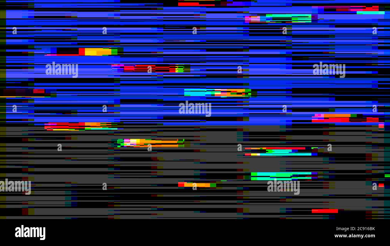 Distorsione orizzontale dell'immagine video rotta su sfondo nero, effetto VHS, disturbo pixel a colori digitali glitch. Fossa di sfondo pixel astratti Foto Stock