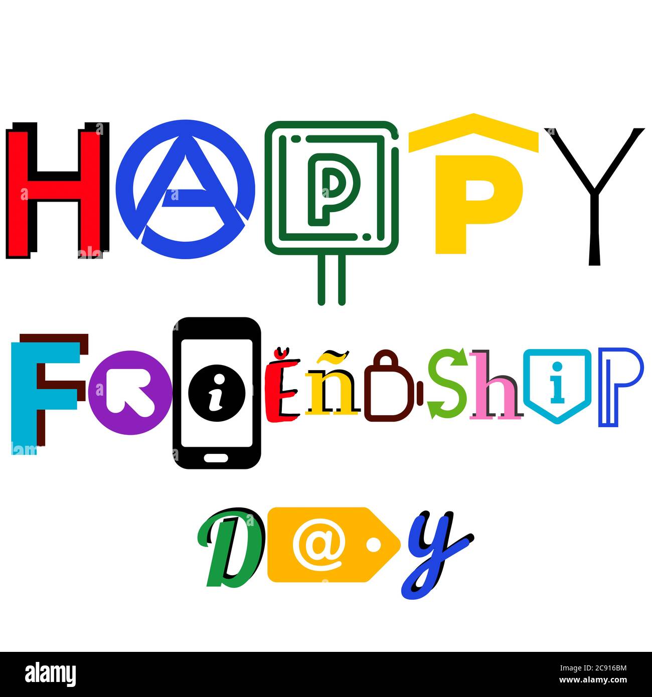 Illustrazione di Happy Friendship Day con icone. Felice giorno di amicizia rendering con icone. Foto Stock